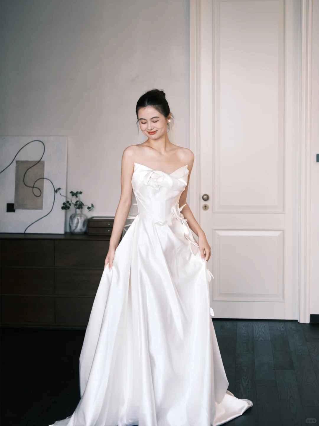Asymmetric Strapless Satin Wedding Gown, 3D Flower A Line Bridal Dress NV7353