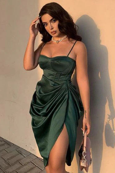 Robe de soirée moulante courte à bretelles spaghetti sexy vert foncé nv2080
