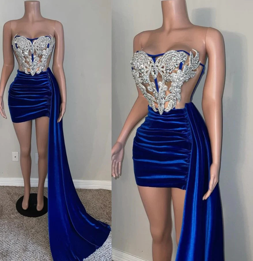 Robe de soirée courte sexy sirène bleu royal nv2136
