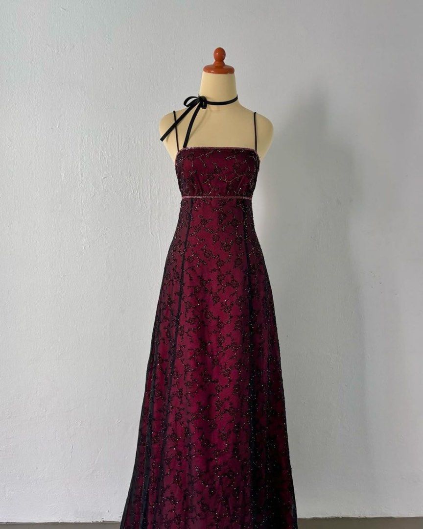 NiceVestidos – Burgunderrotes, Retro-Kleid mit exquisitem Blumenmuster, langes Chiffon-Ballkleid, Heimkehrkleid, Feenkleid, NV5586