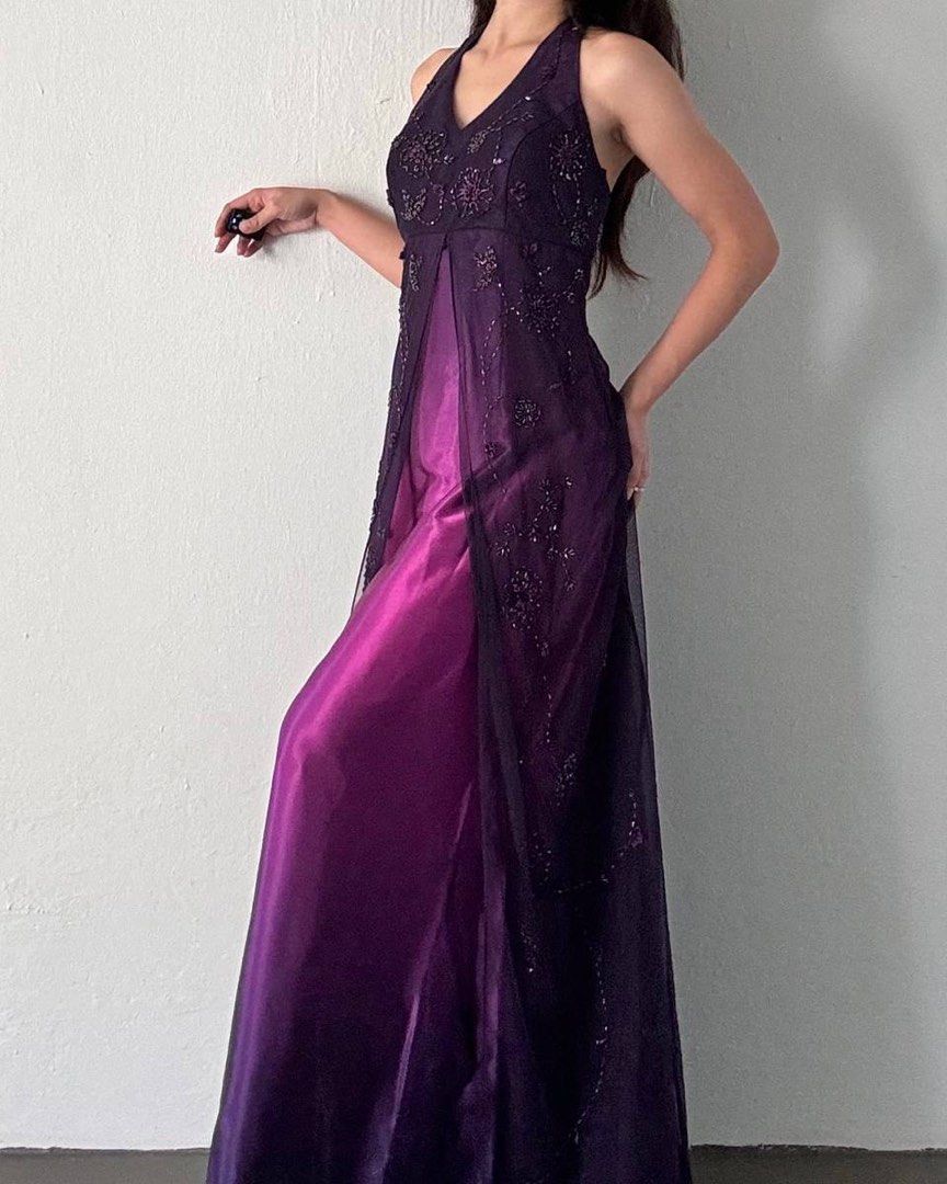 NiceVestidos – Lila, exquisites Blumenmuster, Perlenbesatz, Vintage, langes Chiffon-Ballkleid, Heimkehrkleid, Feenkleid, NV5590