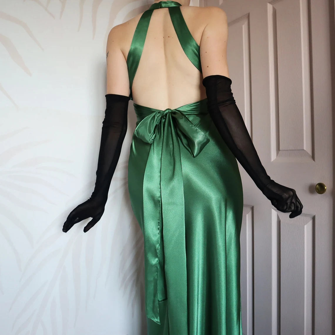 Robe de soirée longue en satin vert rétro, élégante et simple, nv3696