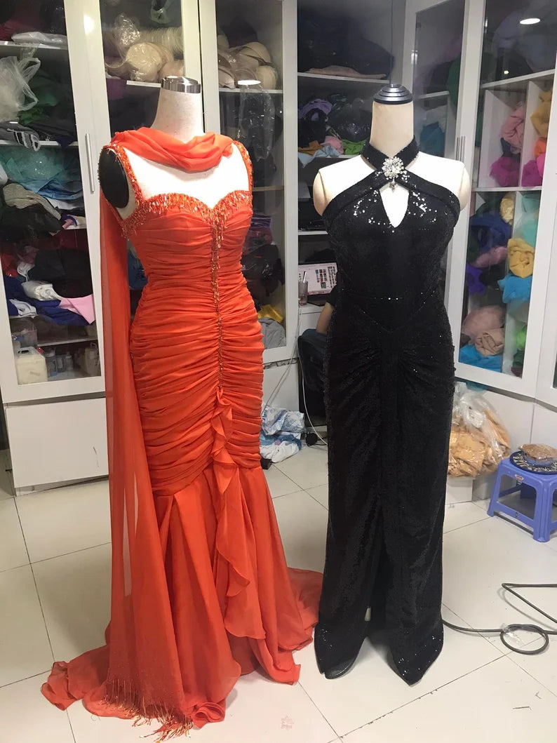 Orange Vintage Elegantes Perlenbesetztes Slim Fit Langes Tüll Ballkleid Abendkleid nv3123