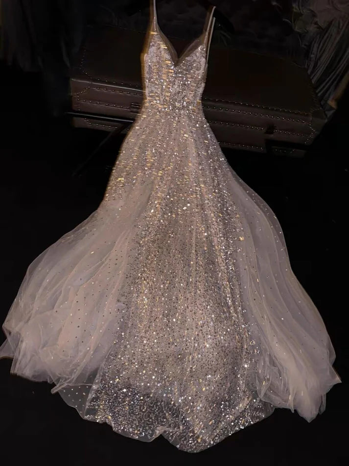 Weißes, glänzendes, elegantes V-Ausschnitt-A-Linien-Ballkleid mit langen Pailletten, Abendkleid, Partykleid, nv3480