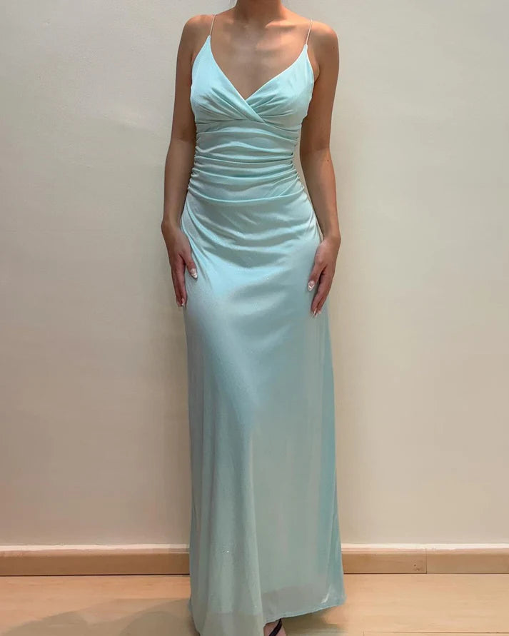 Robe de soirée longue moulante bleu clair à col en V nv1948