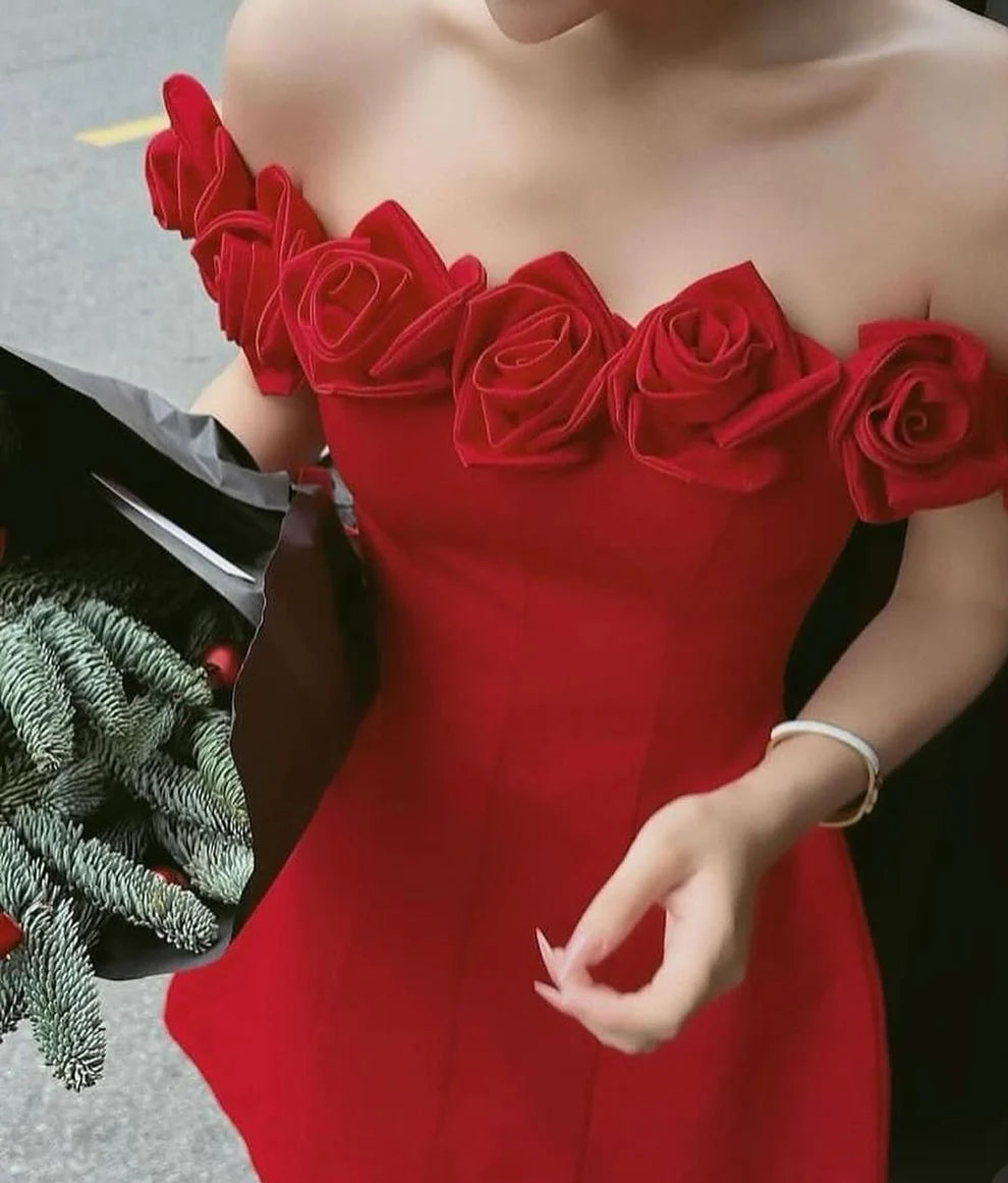 Rotes schulterfreies A-Linien-Kleid mit Rosen-Spitzenausschnitt, kurzes Mini-Homecoming-Kleid, Geburtstags-/Weihnachtsparty-Kleid, Prinzessinnen-Kleid, nv2741