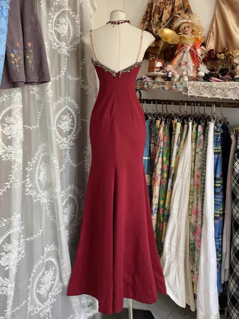 Burgunderrot Elegantes V-Ausschnitt Retro Meerjungfrau Langes exquisites Spitzen-Abendkleid Geburtstagskleid Ballkleid Ballkleid nv3987