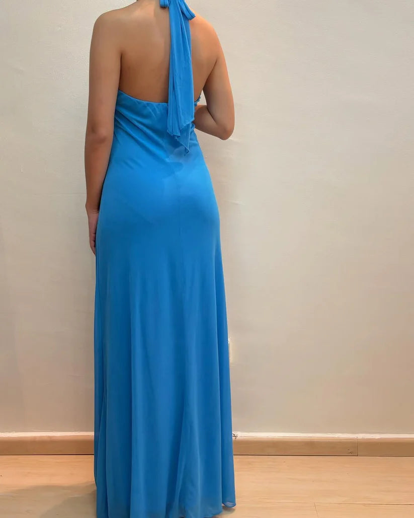 NiceVestidos – Ärmelloses, himmelblaues Chiffon-Neckholder-A-Linien-Abendkleid in Bodenlänge NV5771