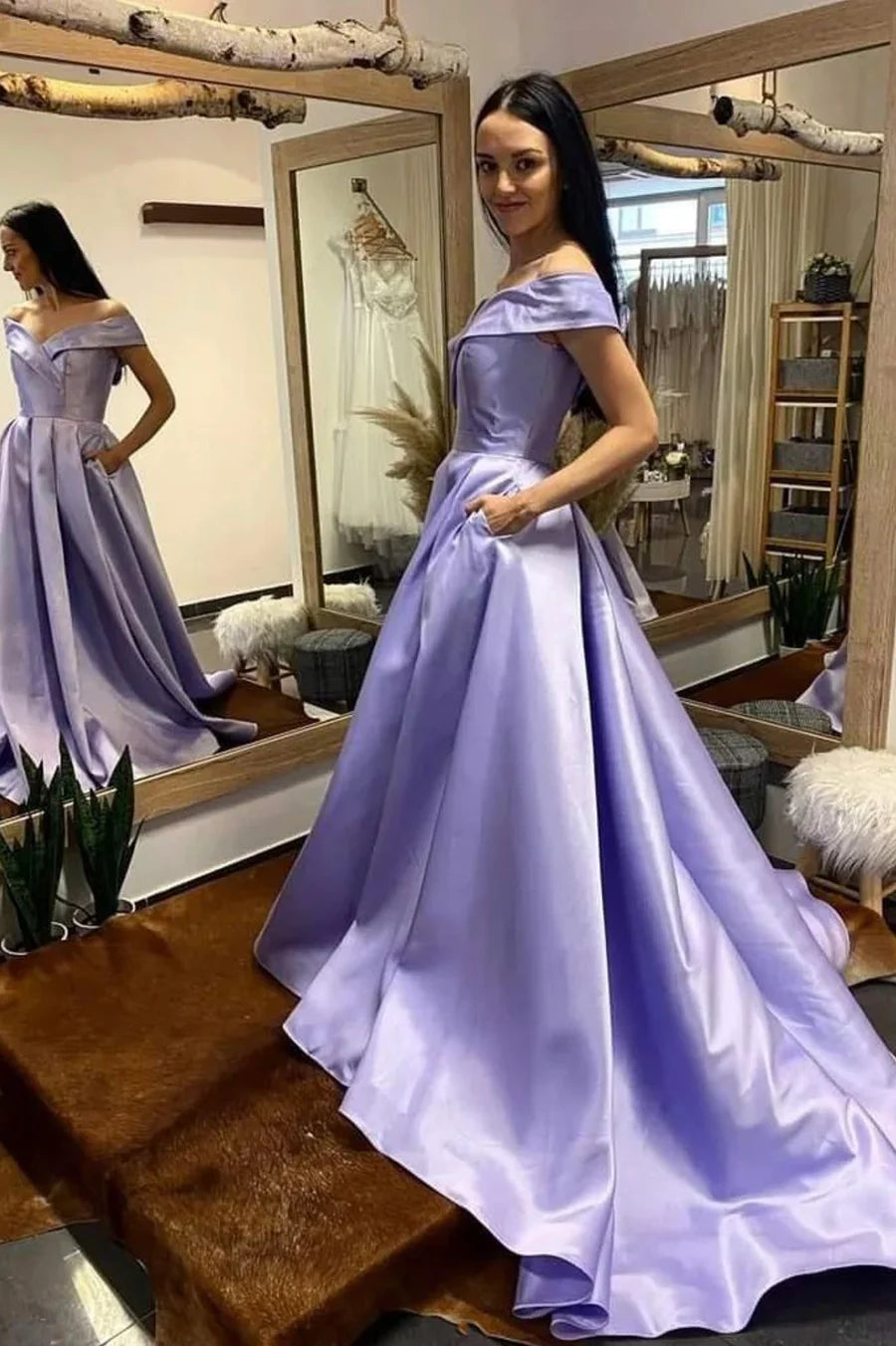 Schlichtes langes Ballkleid aus Satin mit V-Ausschnitt, schulterfreies A-Linien-Abendkleid nv1443