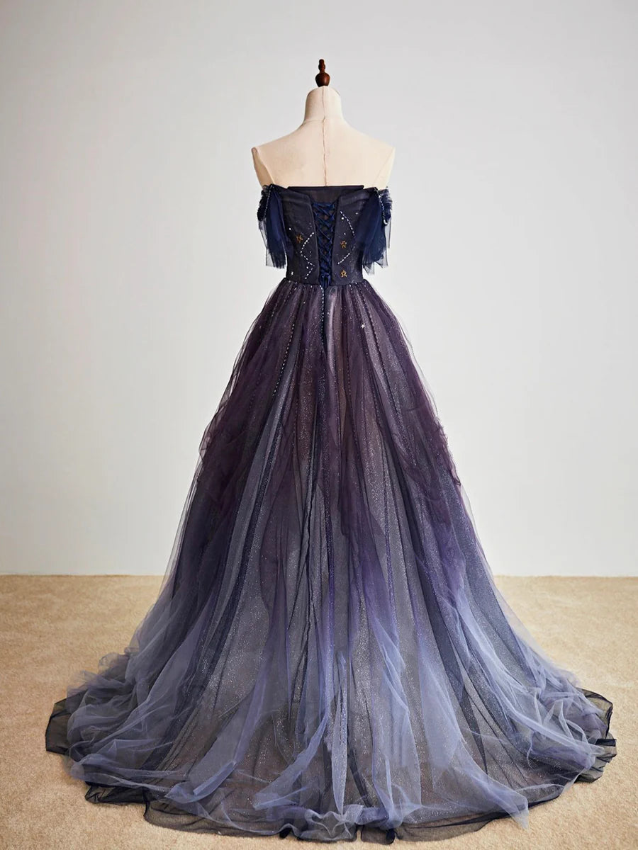 Langes Ballkleid aus lila Tüll mit Farbverlauf, schönes Abend- und Partykleid in A-Linie, nv1541