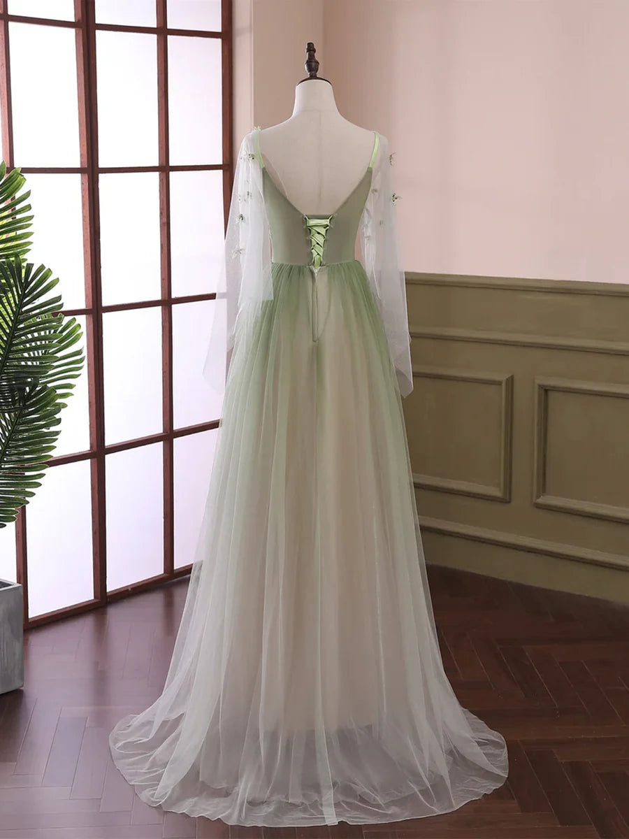 Hellgrünes langärmliges Ballkleid aus Tüll, bodenlanges Abendkleid mit grünem Farbverlauf nv1615