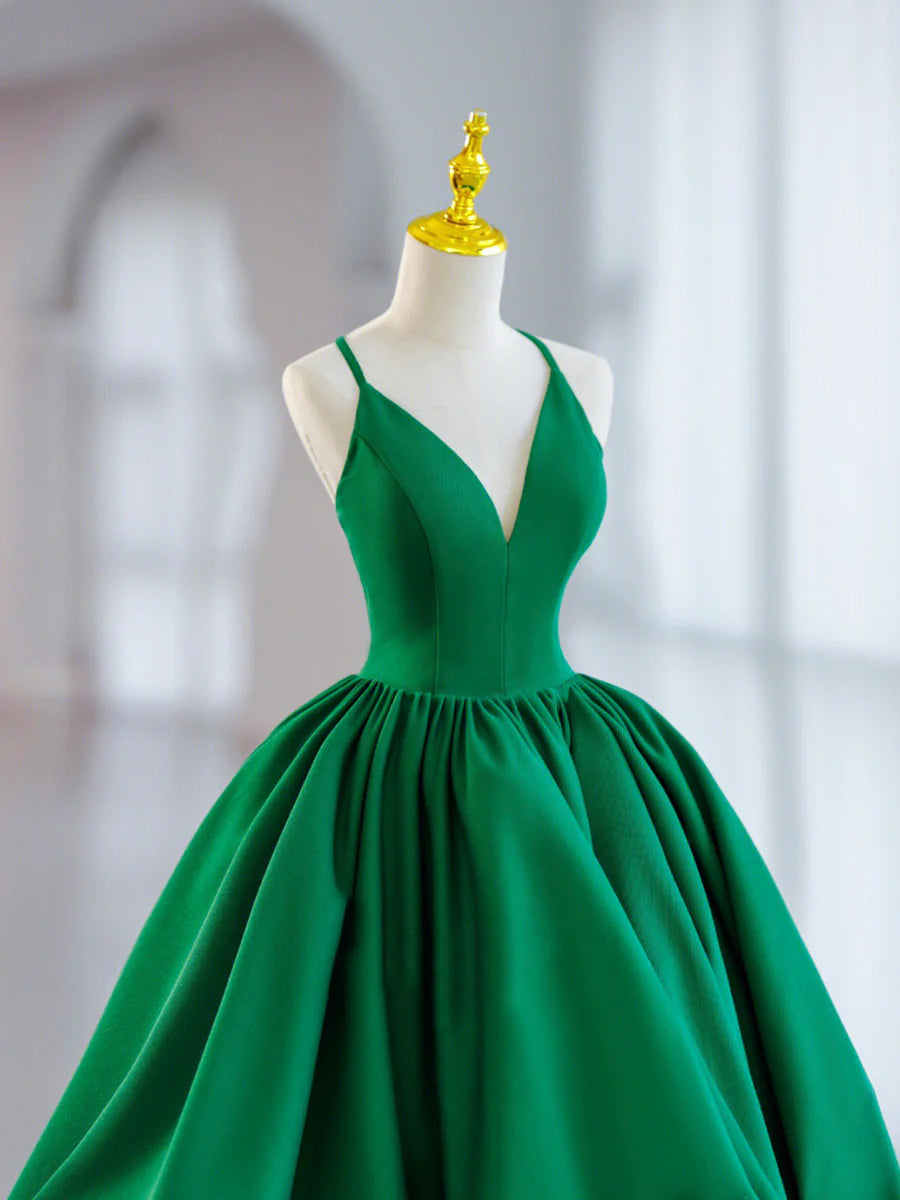 Grünes kurzes Ballkleid aus Satin mit V-Ausschnitt, grünes Abendkleid in A-Linie nv1585