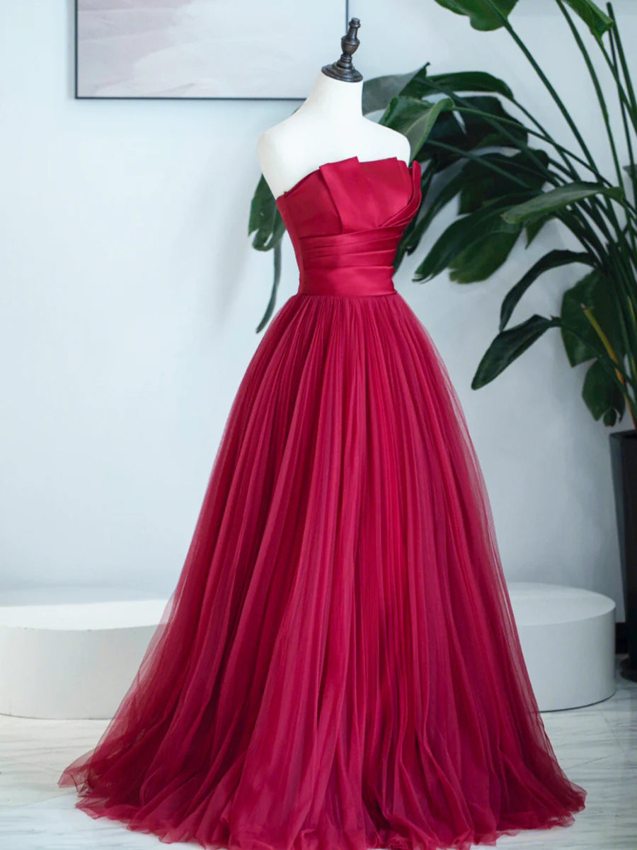 Burgunderrotes trägerloses Tüll-Ballkleid, Burgunderrotes langes Abendkleid nv1584