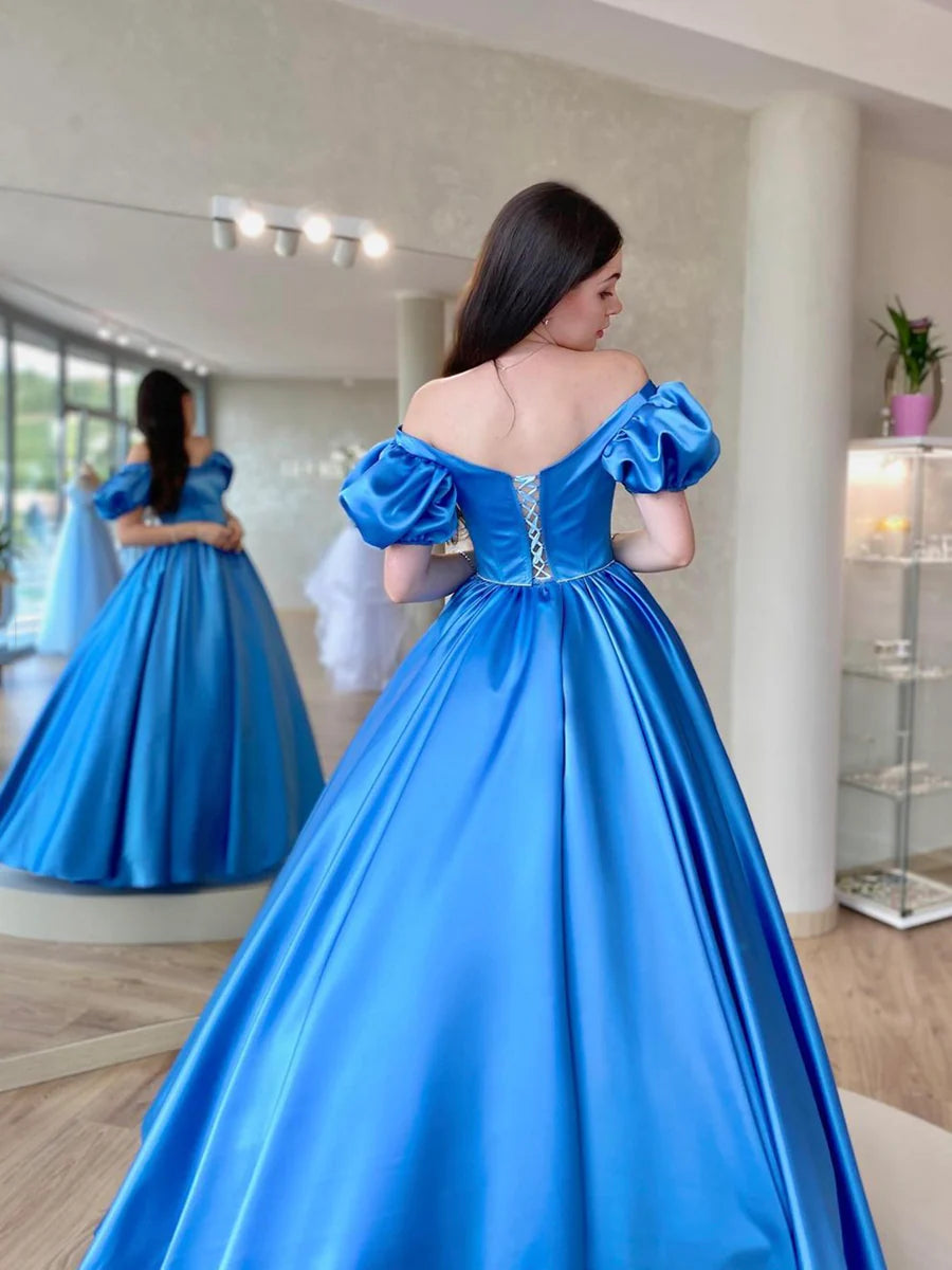 Langes Ballkleid aus blauem Satin, A-Linien-Abendkleid mit kurzen Ärmeln, nv1583