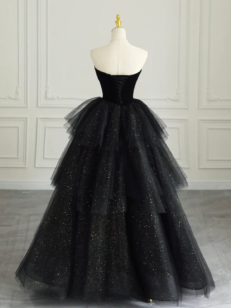 Schwarzes trägerloses Abendkleid aus Tüll mit Samt, A-Linie, herzförmiger Ausschnitt, langes Ballkleid, nv1539