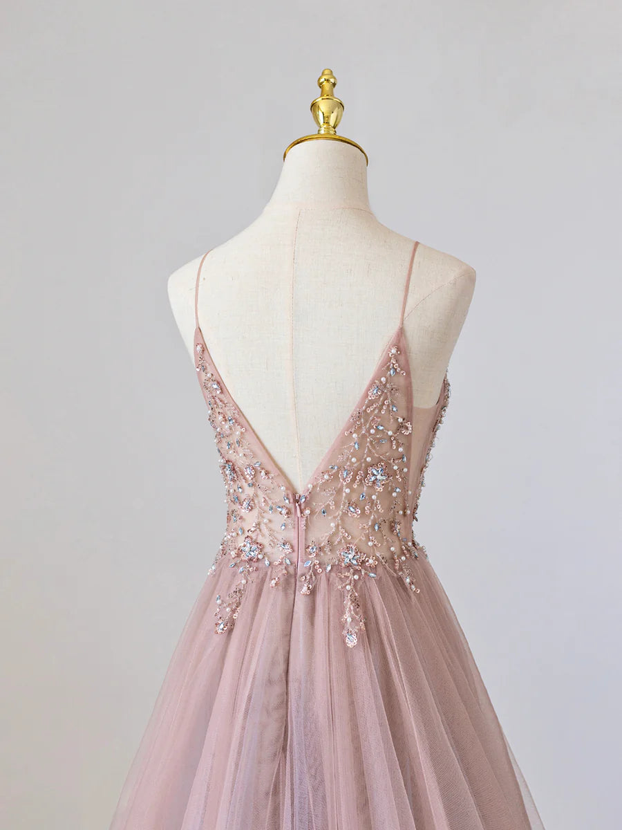 Rosa, langes Ballkleid aus Tüll mit V-Ausschnitt und Perlen, rosa Abendkleid mit Spaghettiträgern, nv1435