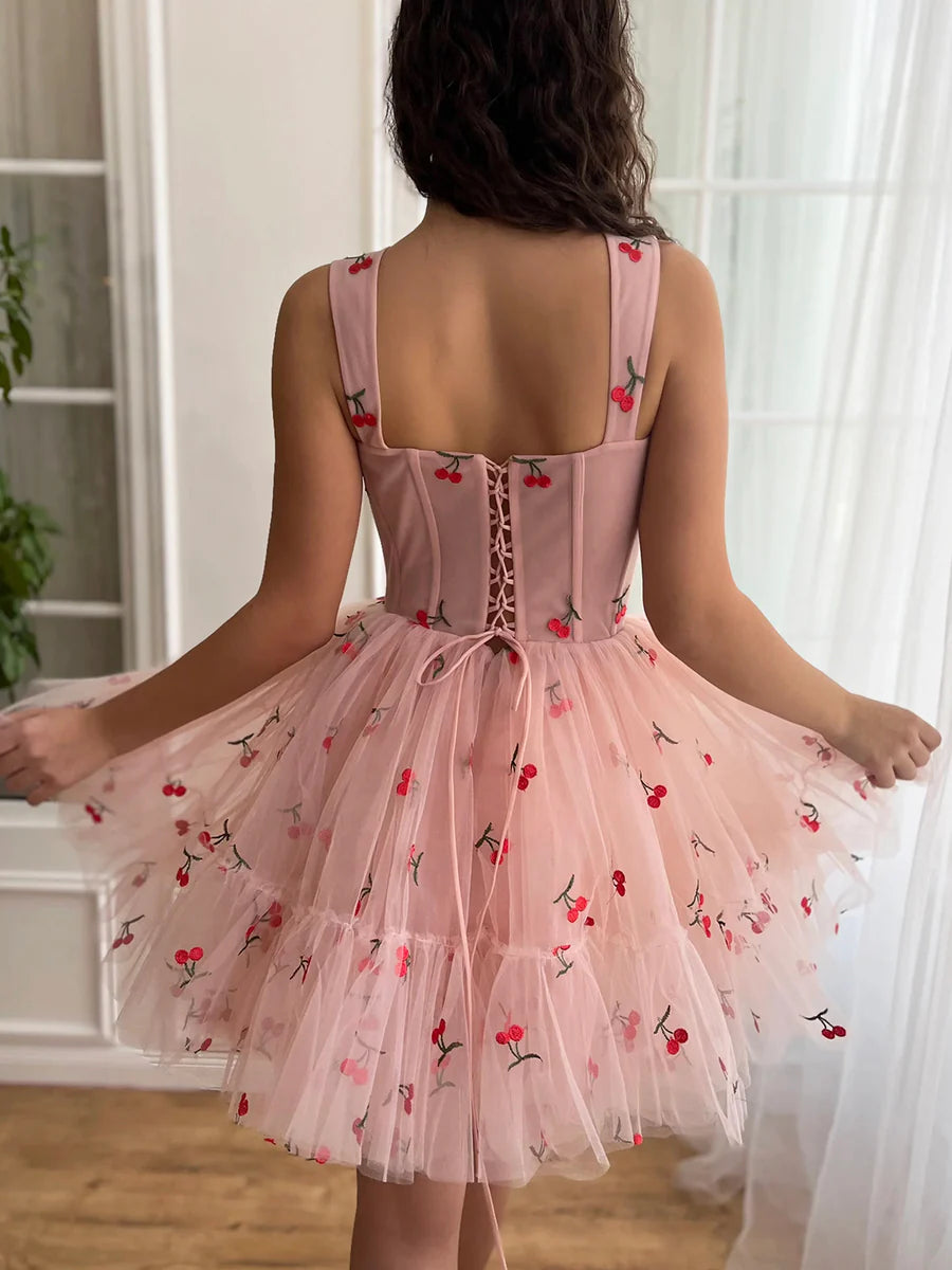 Süßes Mini-Ballkleid aus Kirschtüll, rosa A-Linien-Partykleid mit Schnürung nv1633