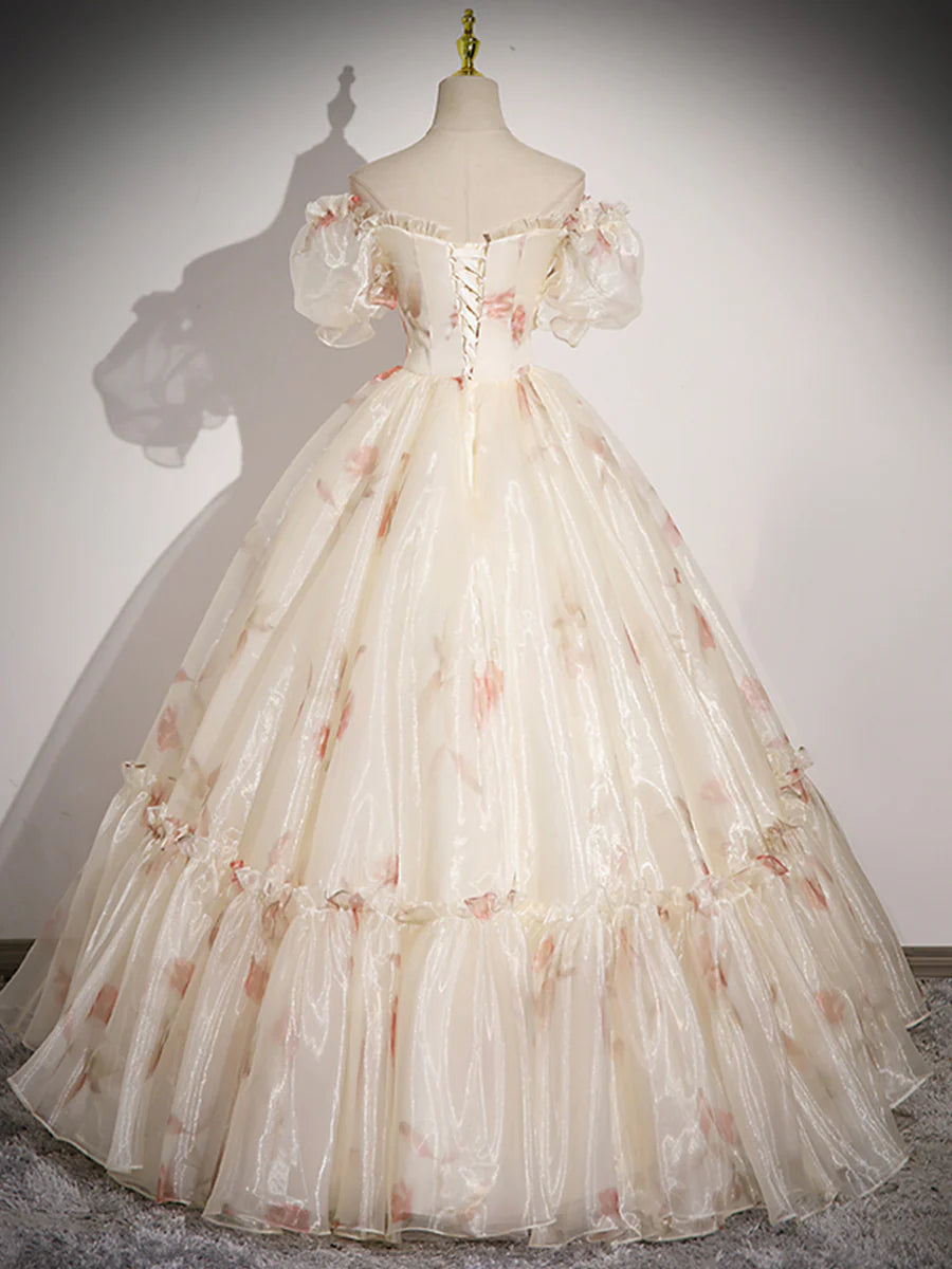 Champagnerfarbenes langes Ballkleid aus Tüll mit Blumenmuster, schönes kurzärmliges Abend- und Partykleid in A-Linie nv1614