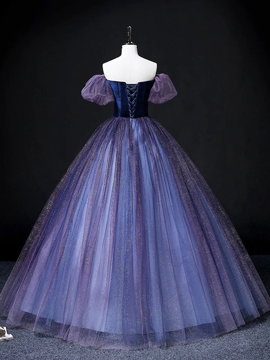 Wunderschönes langes Ballkleid aus Samttüll, lila A-Linien-Partykleid, süßes 16-Kleid, nv1421