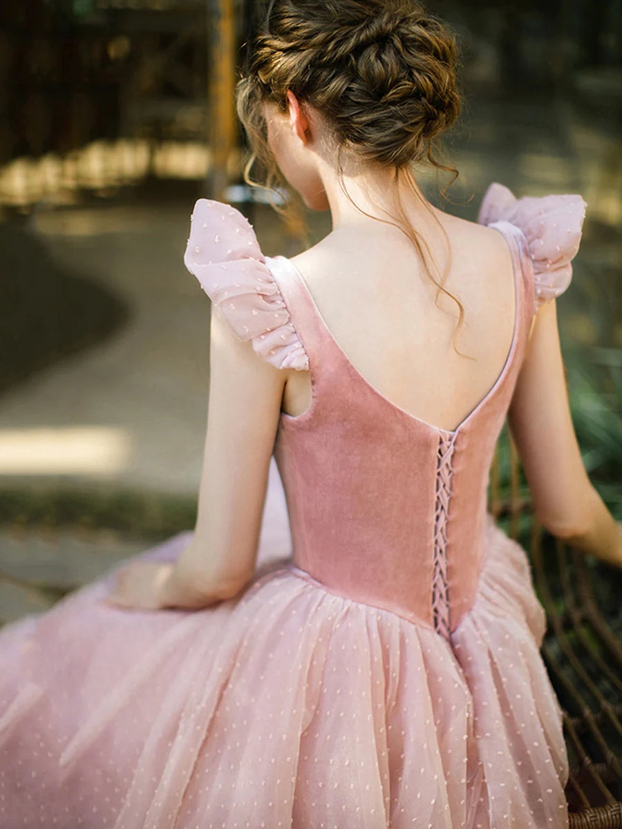 Retro Rosa Samt Tüll Wadenlange Ballkleider, A-Linie U-Ausschnitt Kurzarm Prinzessin Partykleider nv1634