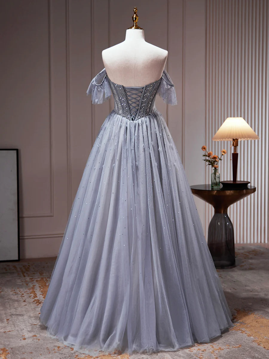Graues schulterfreies Partykleid aus Tüll mit Perlen, A-Linien-Tüll-Abendkleid, Ballkleid nv1538