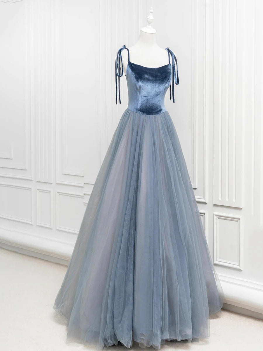 Robe de soirée longue en tulle et velours coupe A, robe de soirée à bretelles fines gris bleu nv1572