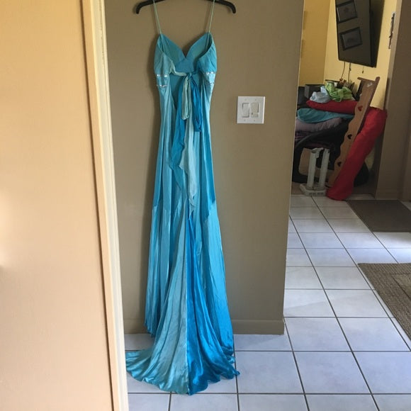 Blau glänzend elegante einzigartige Spaghettiträger lange Satin Ballkleid Abendkleid Partykleid nv3726