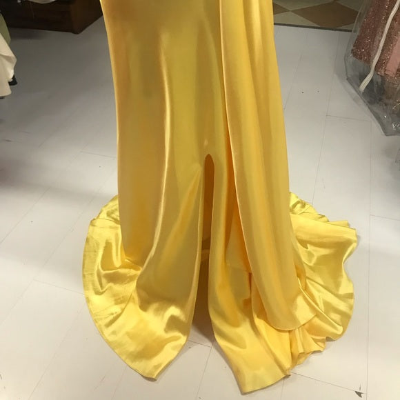 Robe de soirée longue en satin jaune élégante et élégante, longueur au sol, avec bretelles, nv3692