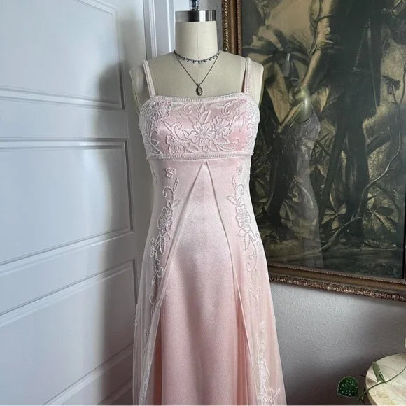 Pfirsichrosa Vintage-Mode, exquisite Perlenstickerei, elegantes Spaghettiträger, langes Satin-Ballkleid, Abendkleid, Partykleid, Ballkleid, nv3772