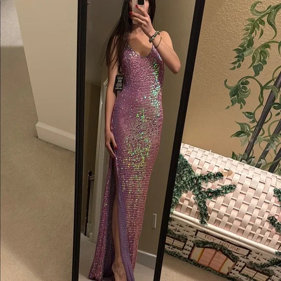 Rosa funkelndes elegantes Mode-V-Ausschnitt langes Pailletten-Ballkleid Abendkleid Geburtstagspartykleid Ballkleid nv3840