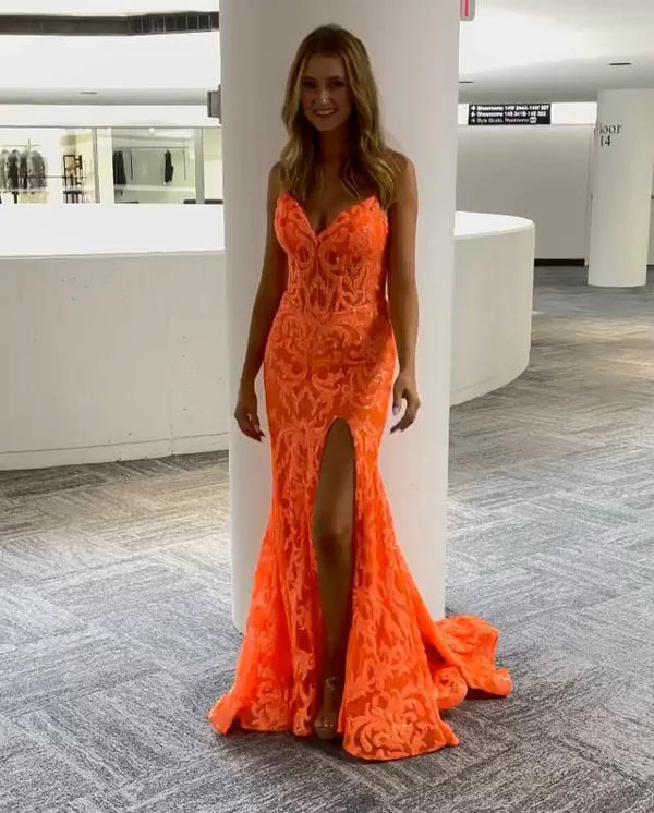 Orange Mode einzigartige V-Ausschnitt Kleid lange Spitze Meerjungfrau Slim Fit Schlitz Ballkleid Abendkleid NV120