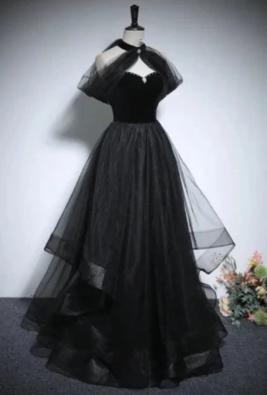 Robe de bal noire chic et magnifique en perles et strass, coupe trapèze/princesse, col haut, sans manches, dos nu, longueur au sol/longue, robe de soirée formelle, nv2643