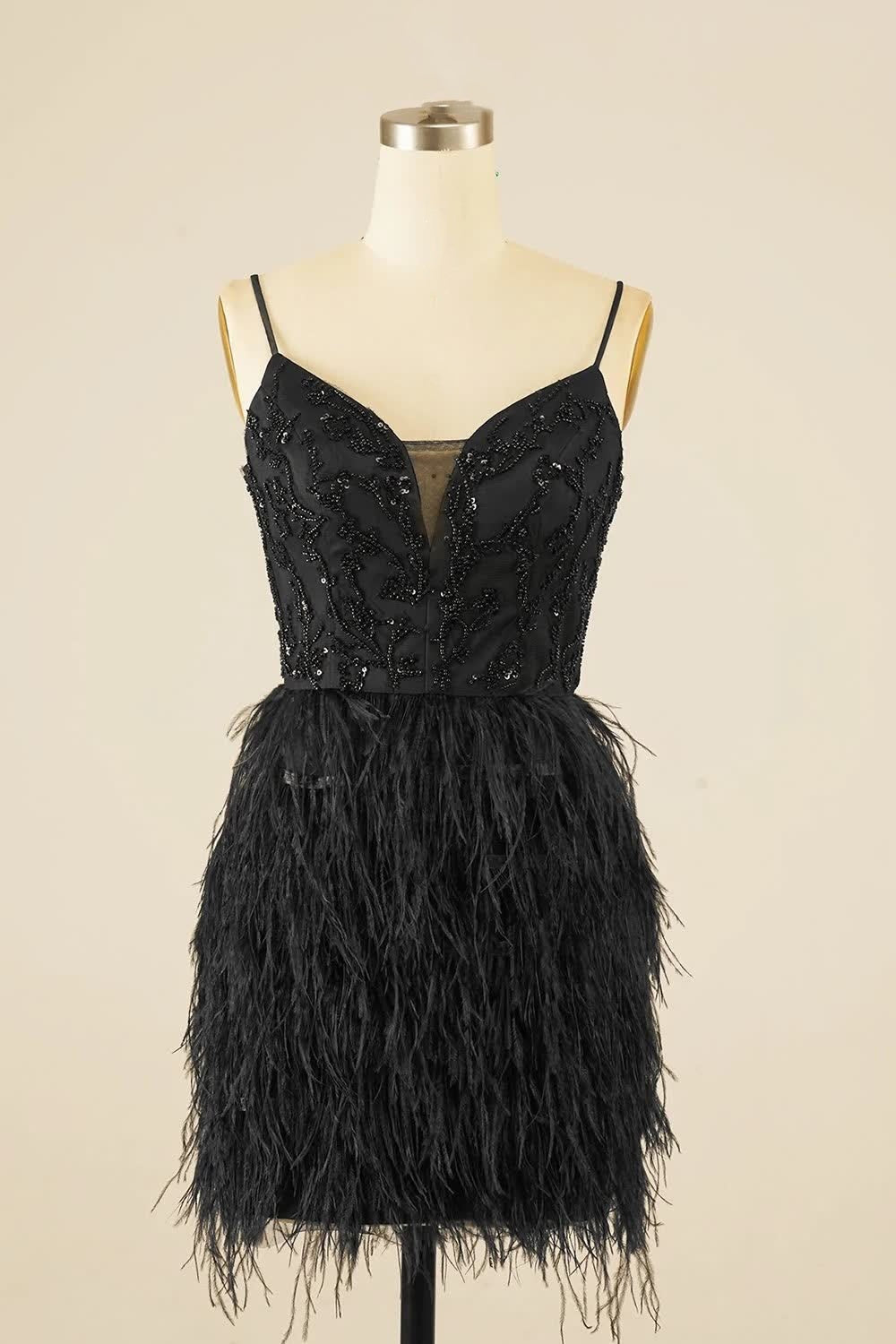 Schwarzes, schmal geschnittenes Homecoming-Kleid mit Pailletten und Federn, Partykleid, Ballkleid nv2054