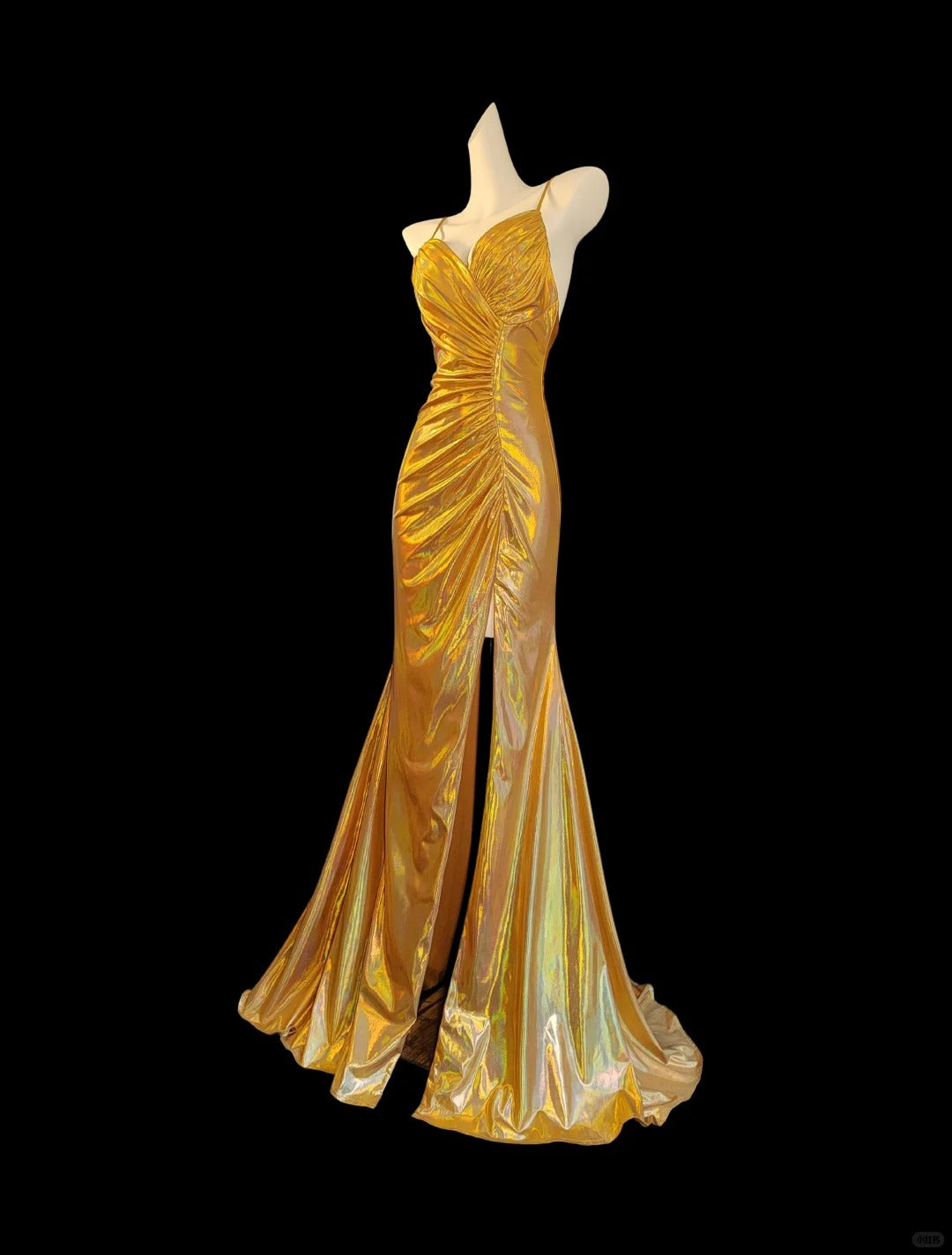 Vintage Gold Elegant Spaghettiträger Schlitz Sexy Langes Satin Ballkleid Abendkleid NV5233
