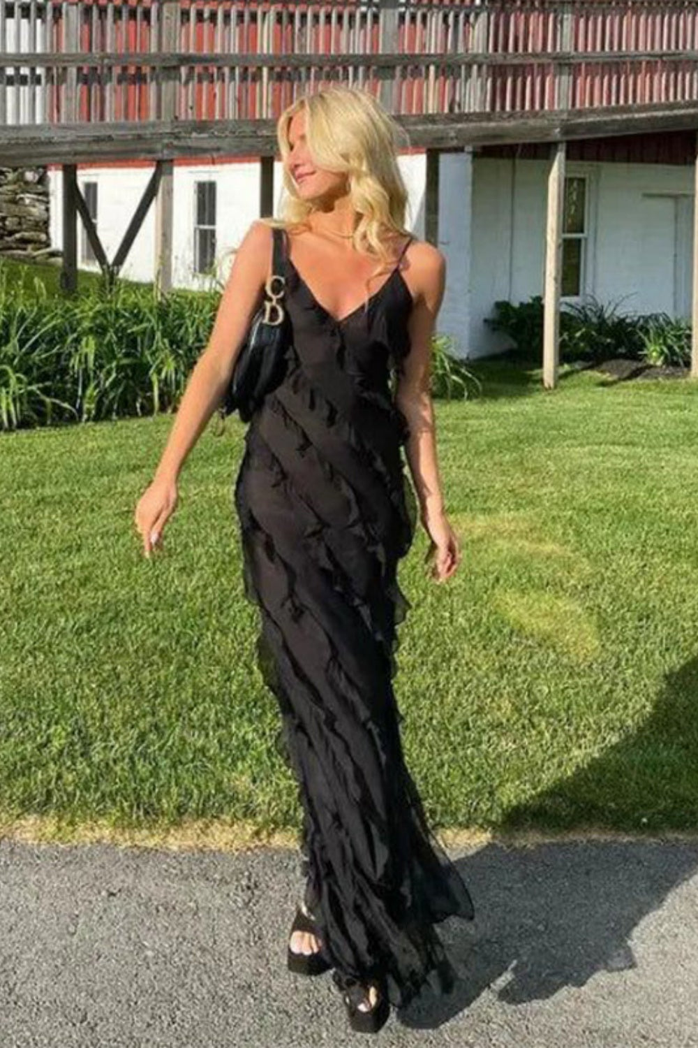 Schwarzes, modisches, elegantes, langes Meerjungfrau-Abendkleid mit Rüschen und schmalem Tüll, Ballkleid, Abendkleid für Hochzeitsgäste, Partykleid nv3212