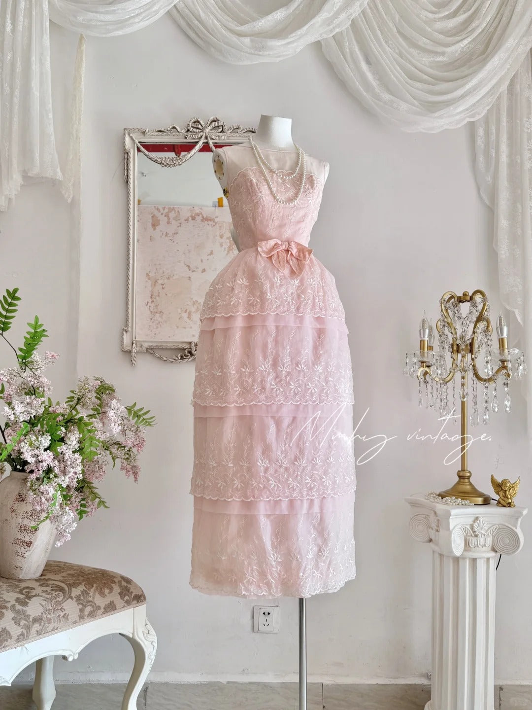 Rosa Retro süße Mode elegante bestickte Blütenknospen Kleid lange Taille Tüll Samt Schleife Verzierung Kuchen Rock Ballkleid Abendkleid Ballkleid nv4087