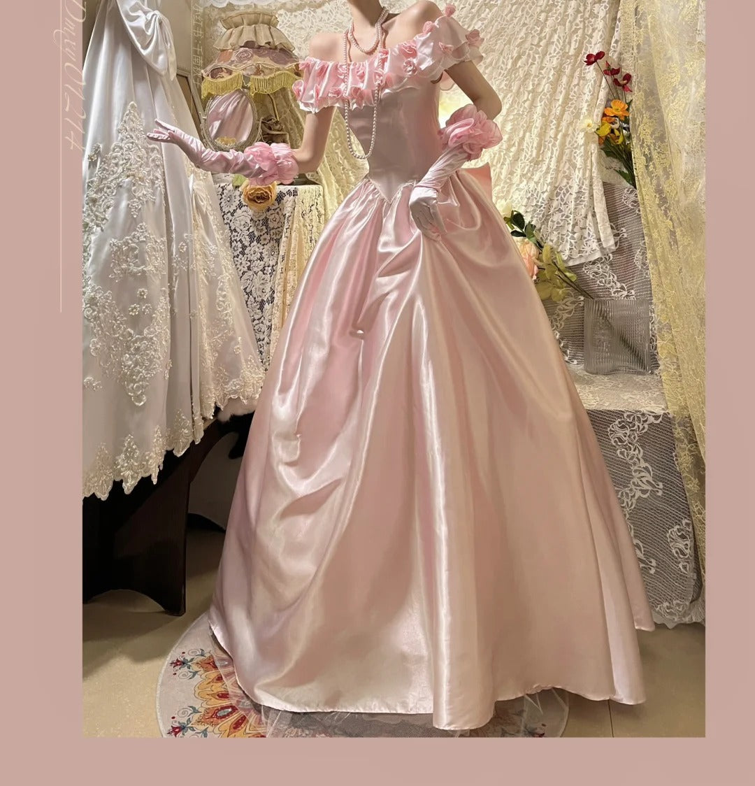 Rosa Elegante Süße Exquisite Vintage Floral Lange Satin Ballkleid Abendkleid Party Kleid Hochzeit Kleid nv4144