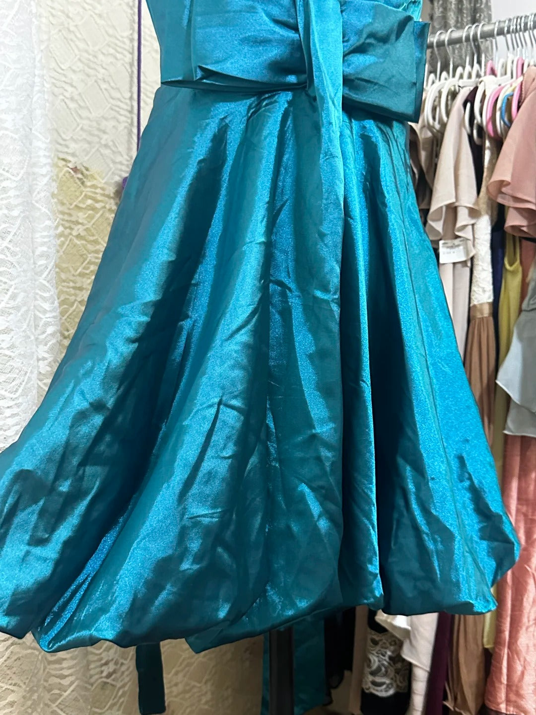 Blaugrünes Vintage-Kurzes Satin-Heimkehrkleid, Geburtstagspartykleid, NV5086