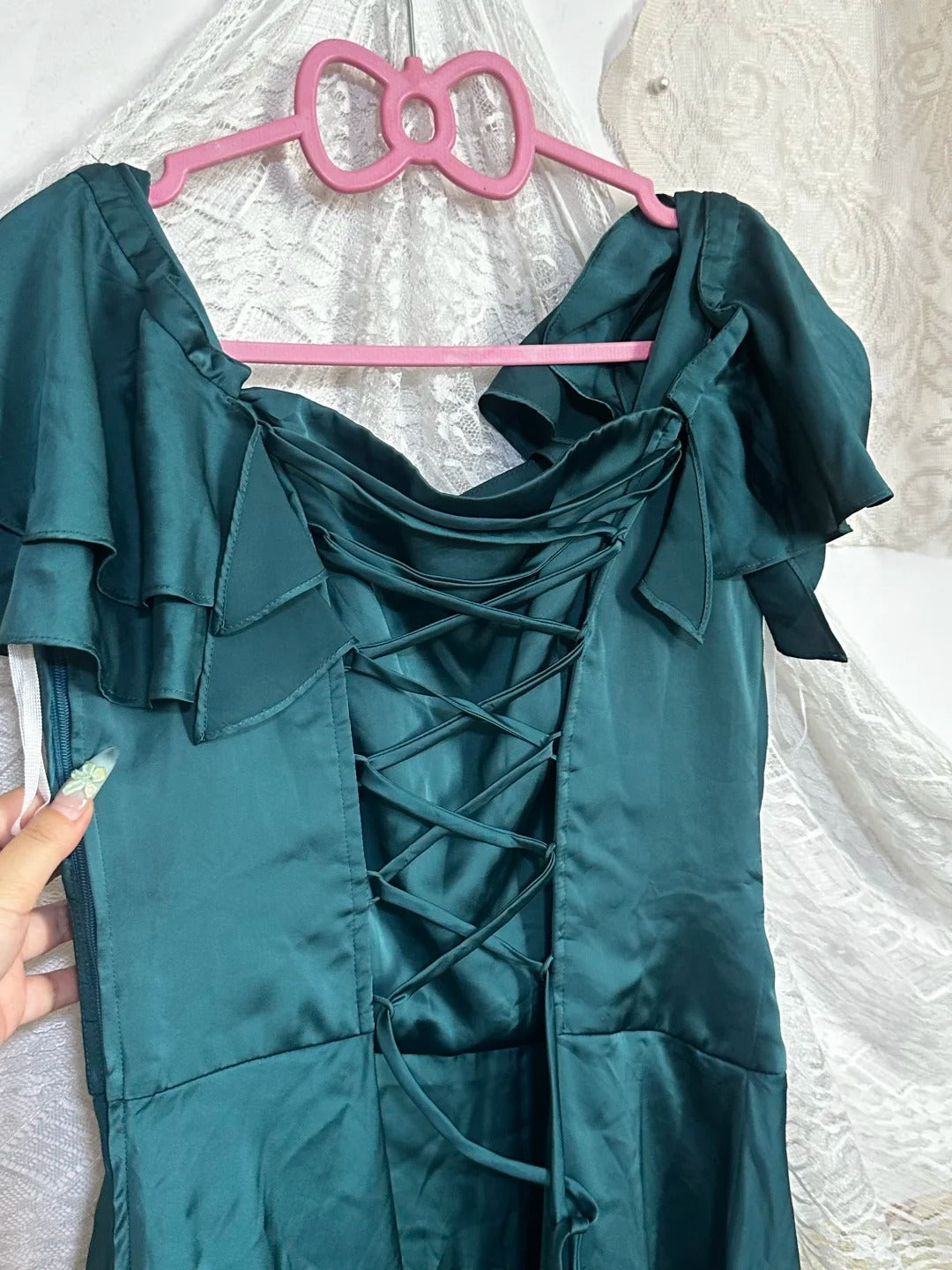 Robe de soirée courte en satin vert foncé vintage, robe de soirée d'anniversaire nv5087
