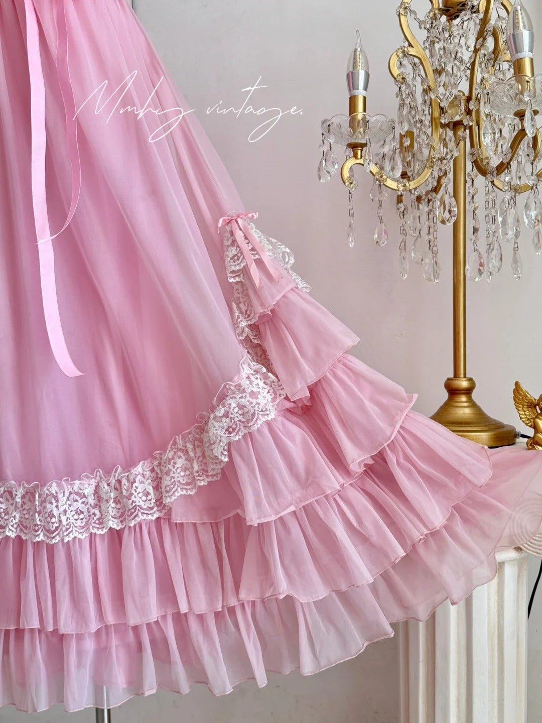 Rosa Retro Süßes Niedliches Mode Exquisite Spitze Schleife Puffärmel Rüschen Prinzessinnenkleid Langes Tüll Chiffon Ballkleid Abendkleid Geburtstag Erwachsene Zeremonie Partykleid nv4090