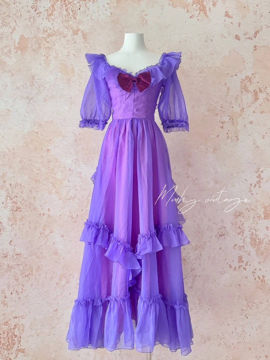 Traubenlila Retro-Mode Niedliche Puffärmel Holzohrkante Langes Tüll-Chiffon-Ballkleid Abendkleid Geburtstagsfeierkleid für Erwachsene nv4093