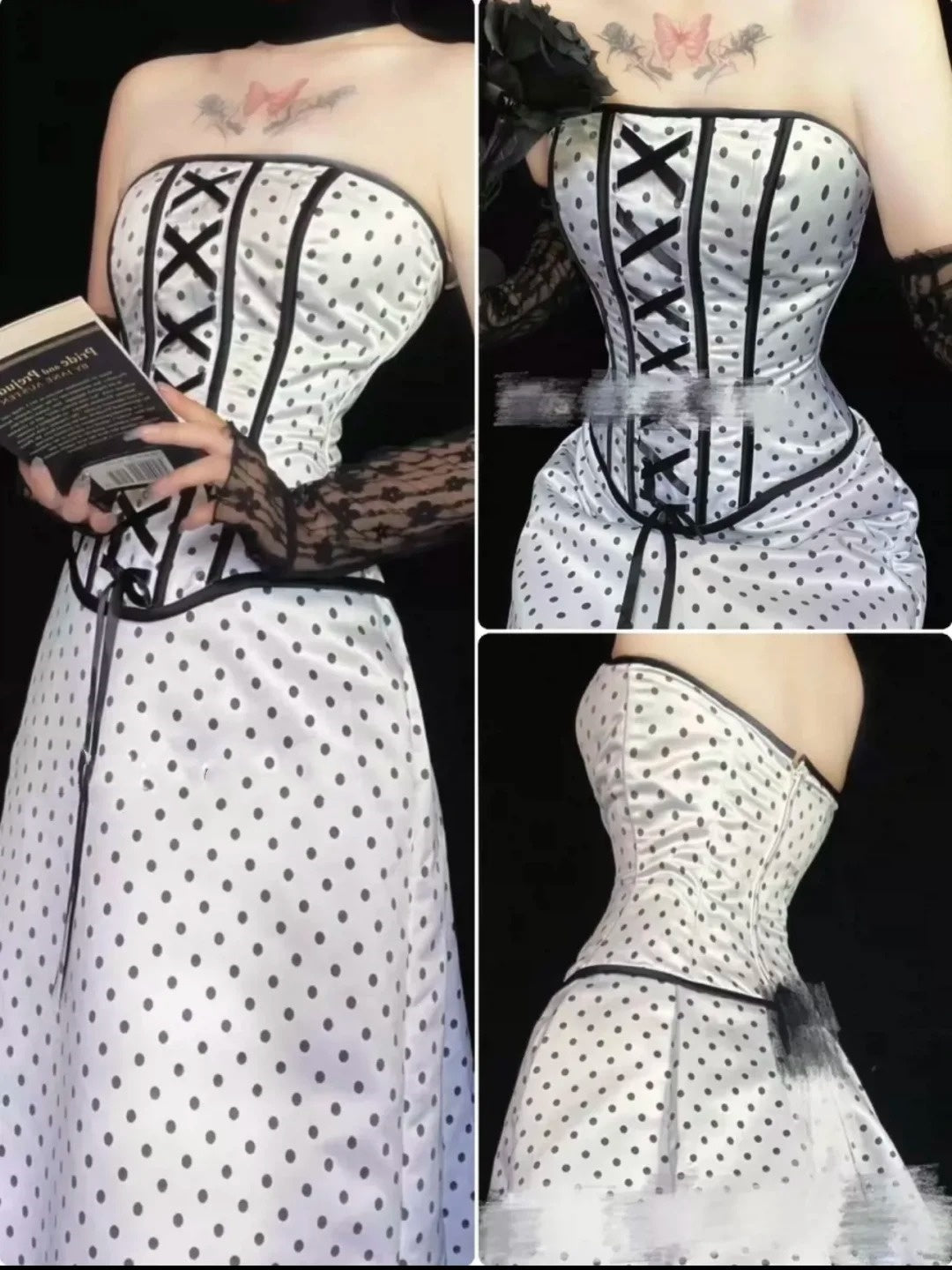 Schwarz-weißes klassisches gepunktetes Retro-Mode-A-Linien-Rock mit Fliege, langem, bodenlangem Tüll-Chiffon-Ballkleid, Abendkleid für Geburtstage und Zeremonien für Erwachsene, Partykleid, NV4092