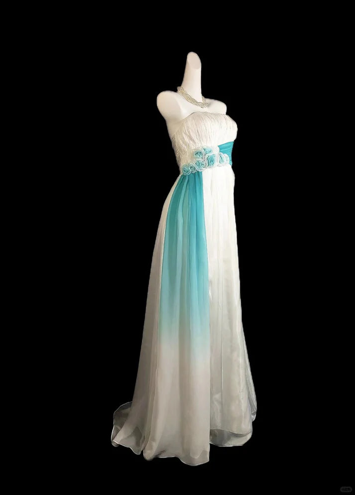 Weiß Blau Floral Lange Tüll Elegante Formale Ballkleid Abendkleid Partykleid Brautjungfernkleider nv4275