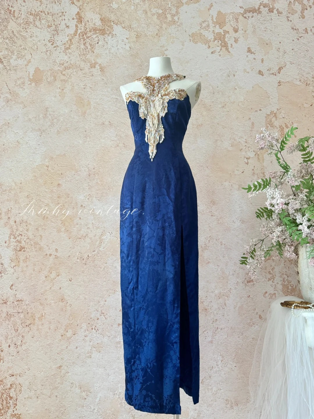 Blaues Retro Elegantes Neckholder Exquisite Pailletten Perlenquaste Langes Schlankes Sexy Ballkleid Abendkleid Zeremoniekleid für Erwachsene Geburtstagskleid Ballkleid nv4098