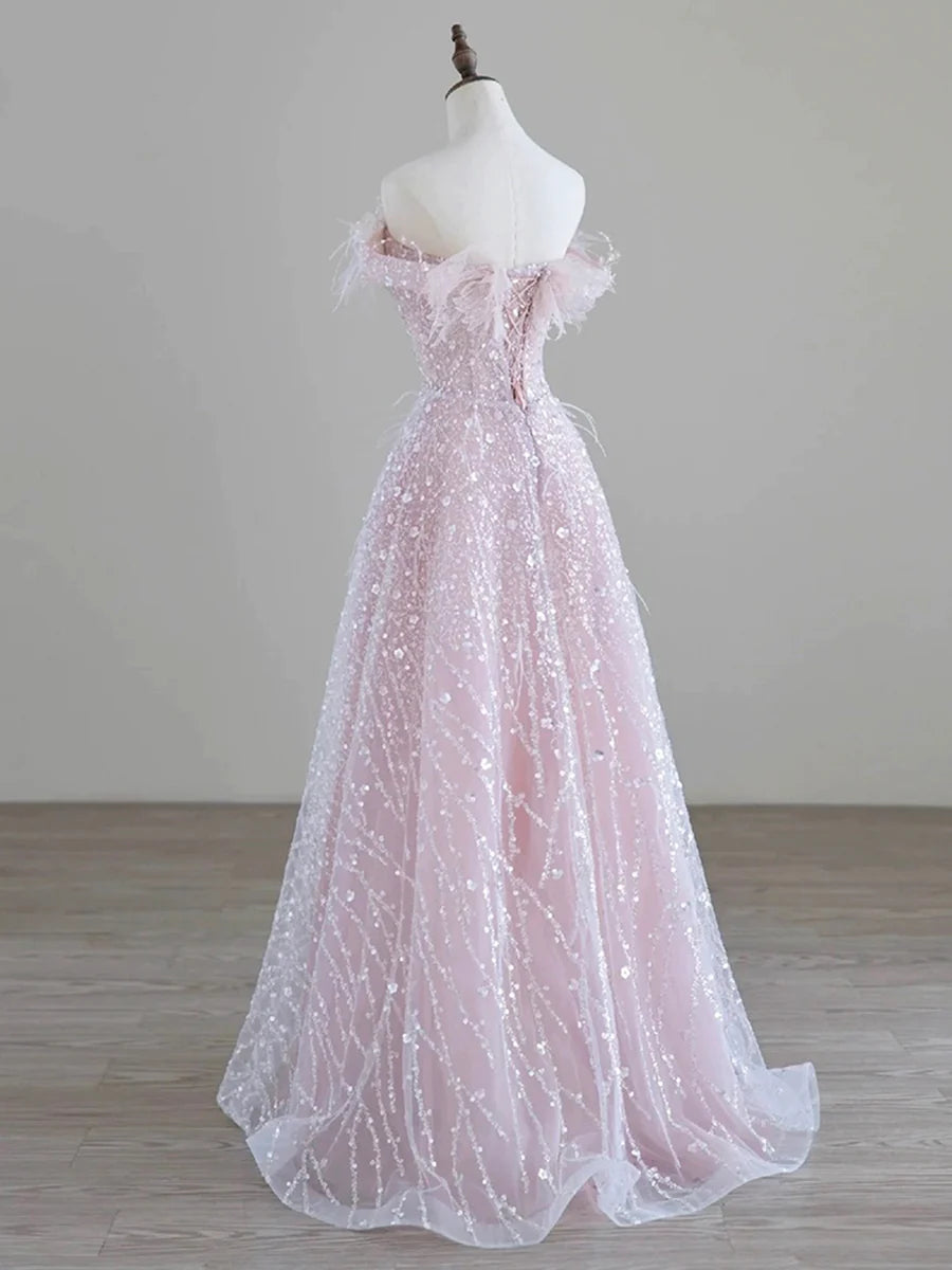 Funkelndes langes Ballkleid aus Tüll mit Pailletten, schulterfreies rosa Abendkleid nv1650