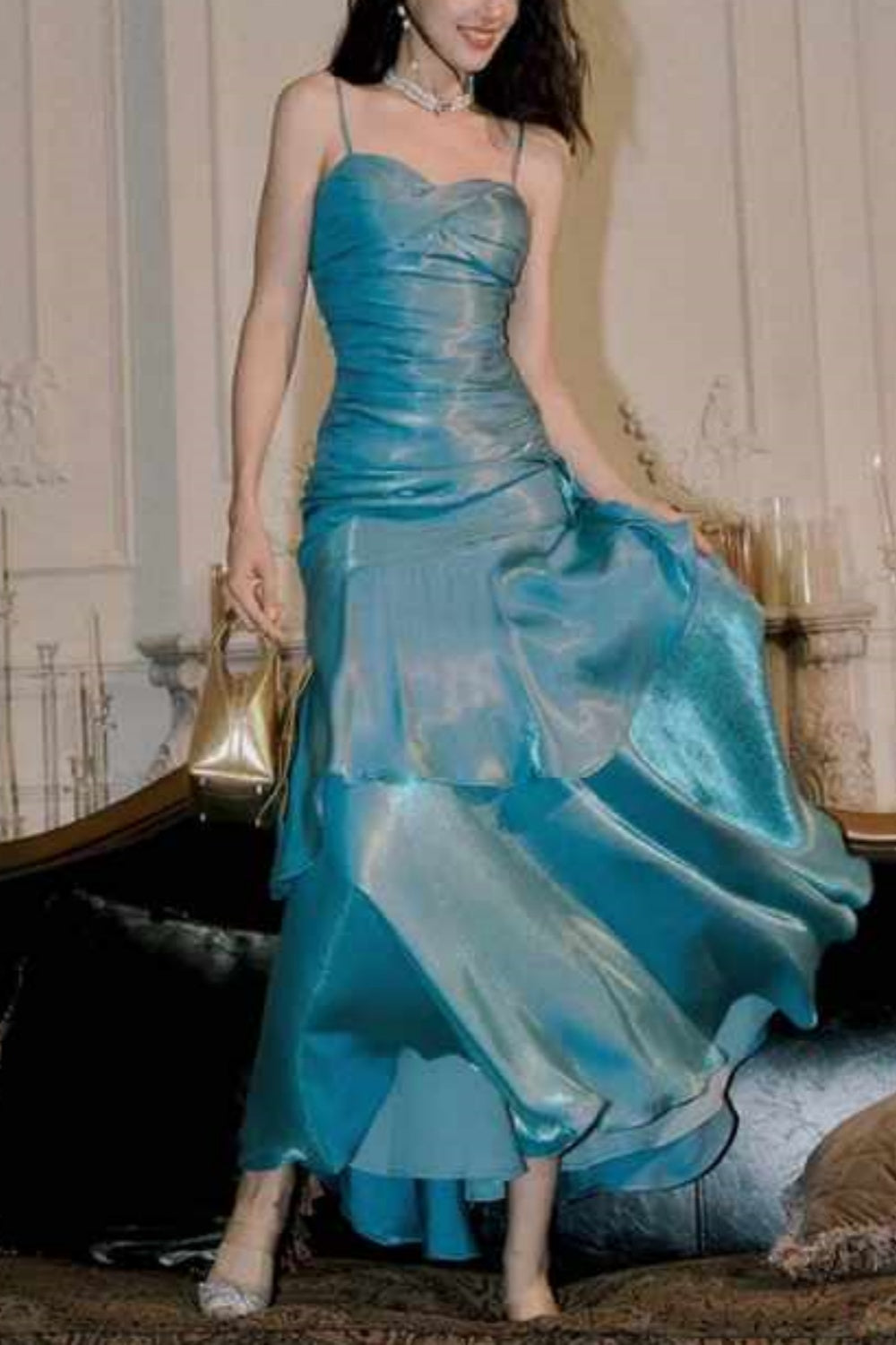 NiceVestidos – Ärmelloses, glänzendes, schmal geschnittenes, bodenlanges Abendkleid in Seeblau, NV5784