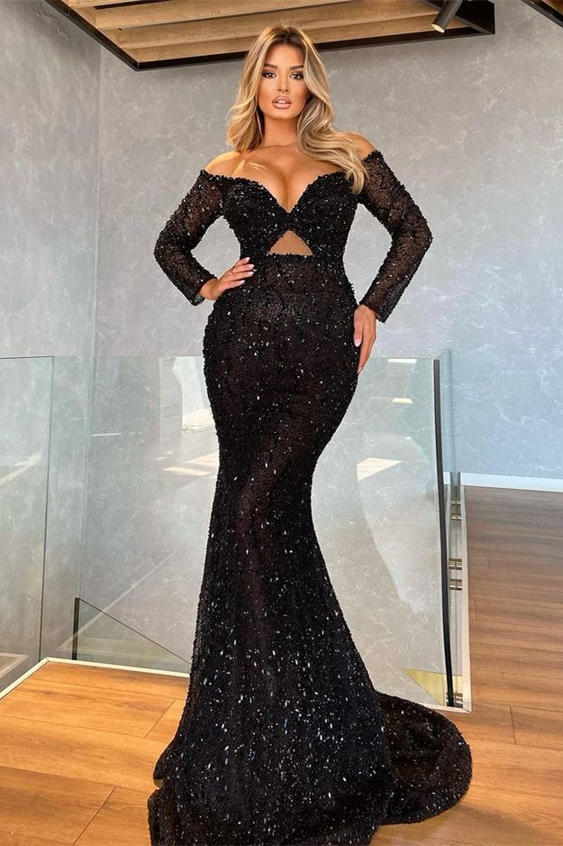 Robe de bal sirène noire à manches longues et col en V avec paillettes nv47