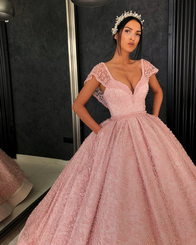 Ballkleid V-Ausschnitt Bodenlang Organza Perlen Häkelblumen Ballkleid nv33