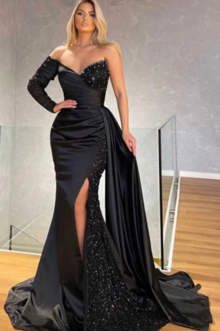 Robe de bal sirène noire à paillettes, asymétrique, épaule dénudée, manches longues, longueur au sol, fendue sur le devant, avec traîne nv49