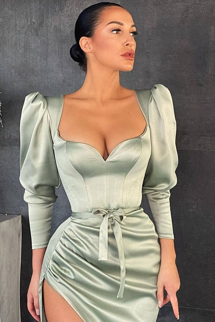 Erstaunliches langärmliges Meerjungfrau-Ballkleid mit Herzausschnitt, staubiges Salbeigrün, Abendkleid mit Schlitz, nv18